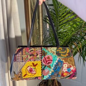 👜 Vintage Santi Patchwork Embroidered Black Leather Shoulder Bag Tote